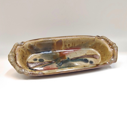 #220808 Baking Dish Tan with Splash 10x4 $12 at Hunter Wolff Gallery